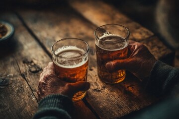 Enjoying a Beer: Two Glasses Held on a Rustic Wooden Tabletop