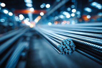 Stacked Rebar Rods in a Manufacturing Facility