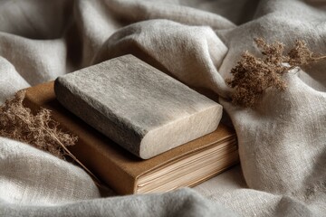 Stone atop Old Book Surrounded by Beige Fabric with Dried Flower Arrangement