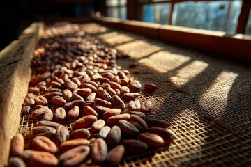 Cocoa Beans Drying on Wire Mesh Rack Inside Traditional Farm Building