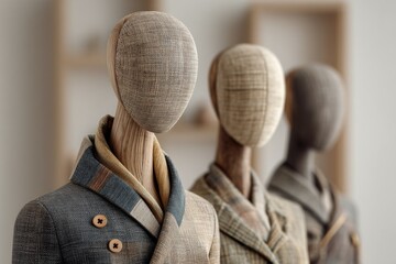 Tailored Suits Displayed on Neutral Fabric-Covered Mannequins in a Showroom