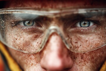 Man Wearing Safety Goggles Covered in Debris Shows Intensity