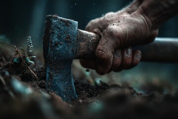 Hand Gripping Axe in Dirt Ground Ready to Chop Wood in Woods