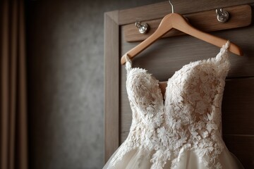 Elegant Lace Wedding Dress Hanging on Wooden Door for Upcoming Ceremony