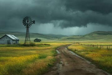 Rural Landscape with Windmill and Barn on Dirt Road Under Stormy Sky