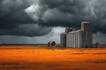 Tall Grain Elevators in Agricultural Field with Dramatic Overcast Sky