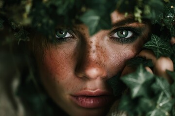 Close-up of a Woman with Freckles Framed by Green Ivy Leaves