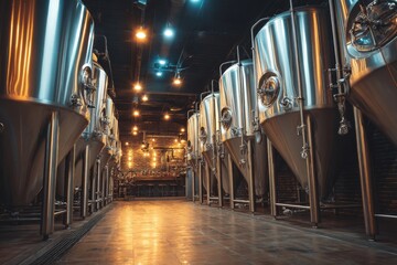 Large stainless steel brewing tanks inside a craft brewery with copper and stainless steel pipes