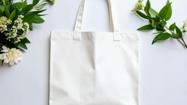 Reusable white tote bag mockup flat lay surrounded by white floral decorations on a white background for eco-friendly branding design