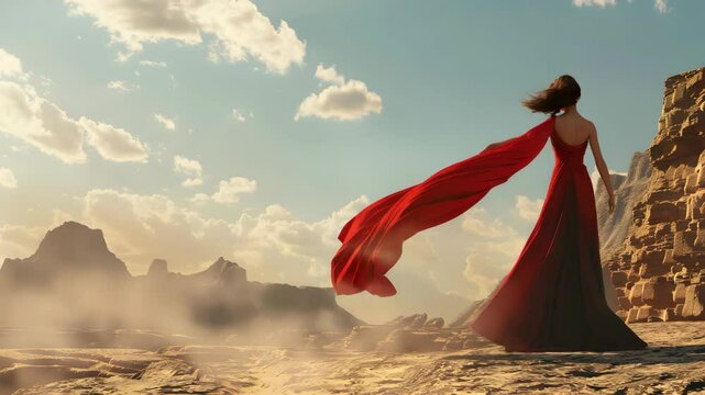 Woman in Red Dress Standing on Cliff Edge with Flowing Scarf