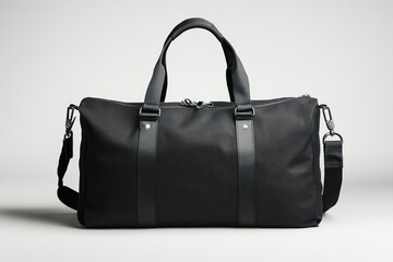 A black duffel bag with handles and shoulder strap is displayed against a white background surface