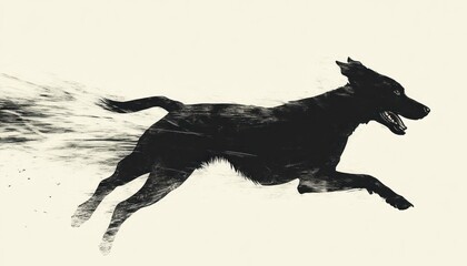 Silhouette of a black dog leaping forward with motion blur effect against a white background art piece