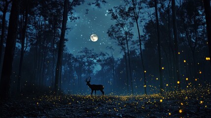 Deer silhouette in a dark forest under a full moon with fireflies illuminating the forest floor