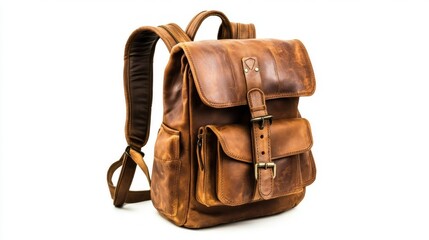 Close up shot of a brown leather backpack with multiple pockets and straps on a white background