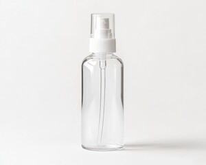 A clear plastic spray bottle with a white top and a long tube against a white background studio shot