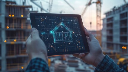 Man holding tablet with glowing house icon, real estate technology at active construction site