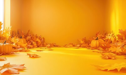 Autumnal scene with pumpkins and leaves scattered on a yellow floor against a yellow wall, lit by sunlight streaming from a window