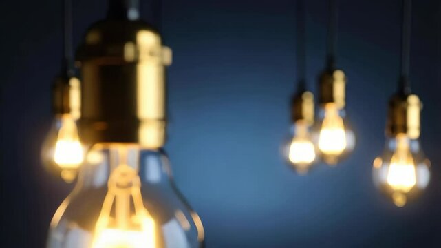 Vintage style glowing light bulbs hanging against a dark blue background, creating a warm, bright, and creative concept with gold accents and illuminated filaments.