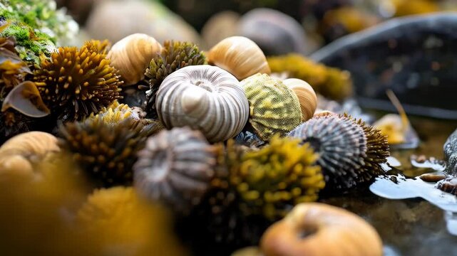 Close-up of tide pool environment showcasing colorful sea snails, marine algae, and barnacle-encrusted rocks in shallow water with reflections