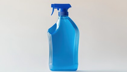 A blue spray bottle with a trigger top filled with liquid against a plain white background studio shot