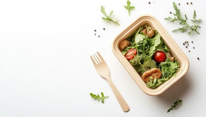 A takeout container with salad and a wooden fork on a white background with arugula and black pepper