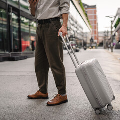 unknown man walk down the street with a suitcase and use cellphone