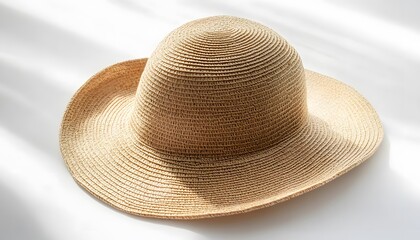 Close up of a straw hat with a wide brim sitting on a white surface with light and shadow patterns