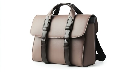 Naklejka premium A stylish taupe leather satchel with black straps and handle on a white background in studio shot