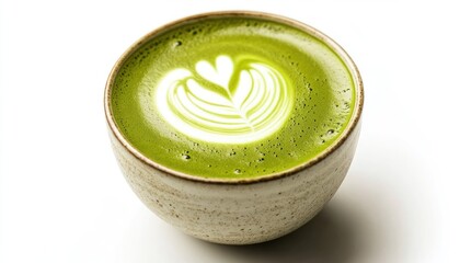 A close up shot of a matcha latte with latte art in a ceramic bowl on a white background surface view