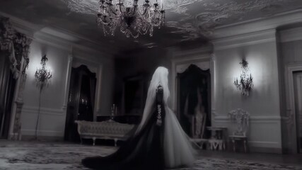 Glamorous pop star gliding through ornate palace ballroom, donning dramatic black gothic gown and striking white wig, embodying mysterious theatrical persona