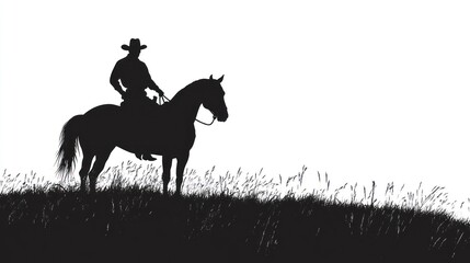 Silhouette of a cowboy riding a horse in a field of grass against a white background in a vector image