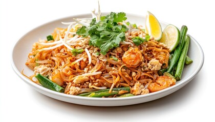 A plate of pad thai with shrimp, bean sprouts, cilantro, lime, and green beans on a white background