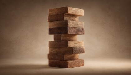 Fototapeta premium Wooden blocks stacked high, light tan background