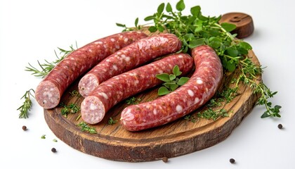 Close up of four sausages on a wooden board with herbs and spices against a white background