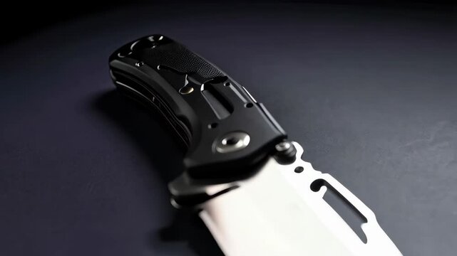 Close-up view of a modern folding knife with a shiny silver blade and a black handle on a dark background, offering a tactile feel.