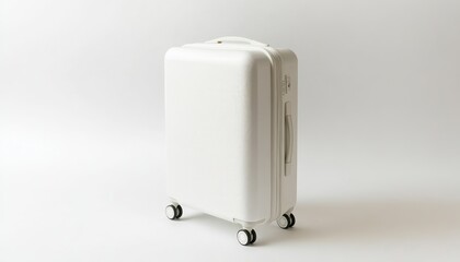 A clean shot of a white suitcase with wheels on a white background in a studio setting for travel ads
