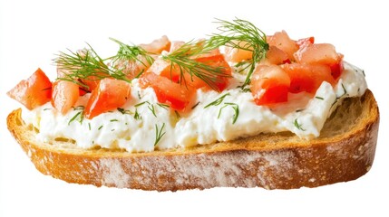 Close up of a slice of bread topped with white cheese tomatoes and dill on a white background space