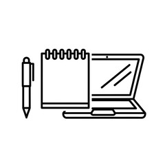 Remote work tools icon featuring a laptop, notebook, and pen