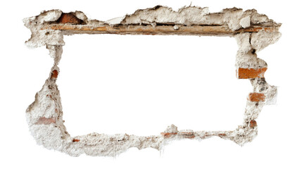 Broken wall with plaster and wooden beam creating a frame on transparent background