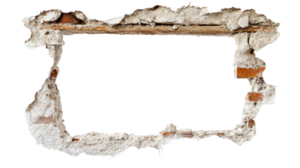 Broken wall with plaster and wooden beam creating a frame on transparent background