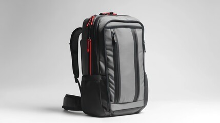 Studio shot of a gray and black backpack with red accents against a white background in even lighting