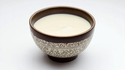 A bowl with brown rim and decorative pattern filled with a white liquid on a white background view