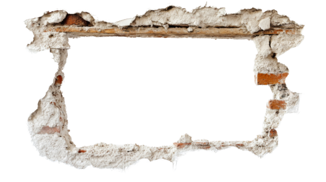 Broken wall with plaster and wooden beam creating a frame on transparent background