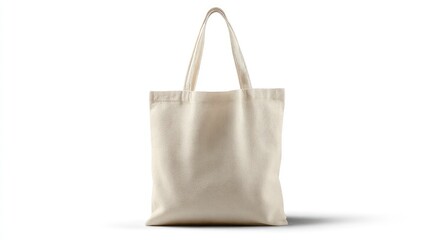 A simple unadorned beige canvas tote bag stands centered against a stark white background