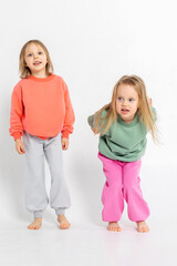 Two funny cute girls playing and having fun. Children with smiles and funny emotions on a light background. Vertical photo. High quality photo