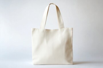 A simple white canvas tote bag with handles standing upright against a plain white background studio shot