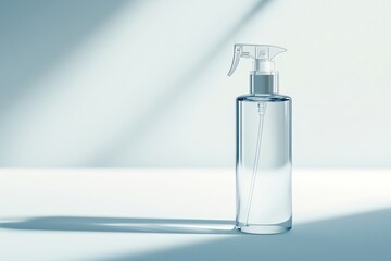 A clear spray bottle with a trigger top on a white surface with a shadow and light shining on it