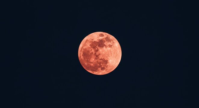 Strawberry moon full in dark night sky. Mystical celestial event. Lunar eclipse with red or orange globe. Astronomy and space. - Powered by Adobe