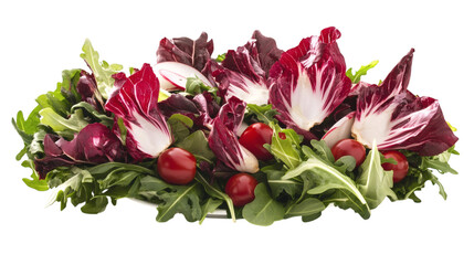 Fresh garden salad bowl overflowing with arugula, radicchio, and cherry tomatoes isolated on white background 