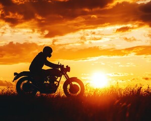Silhouette of a motorcyclist riding into the sunset with orange sky and grass in the foreground view